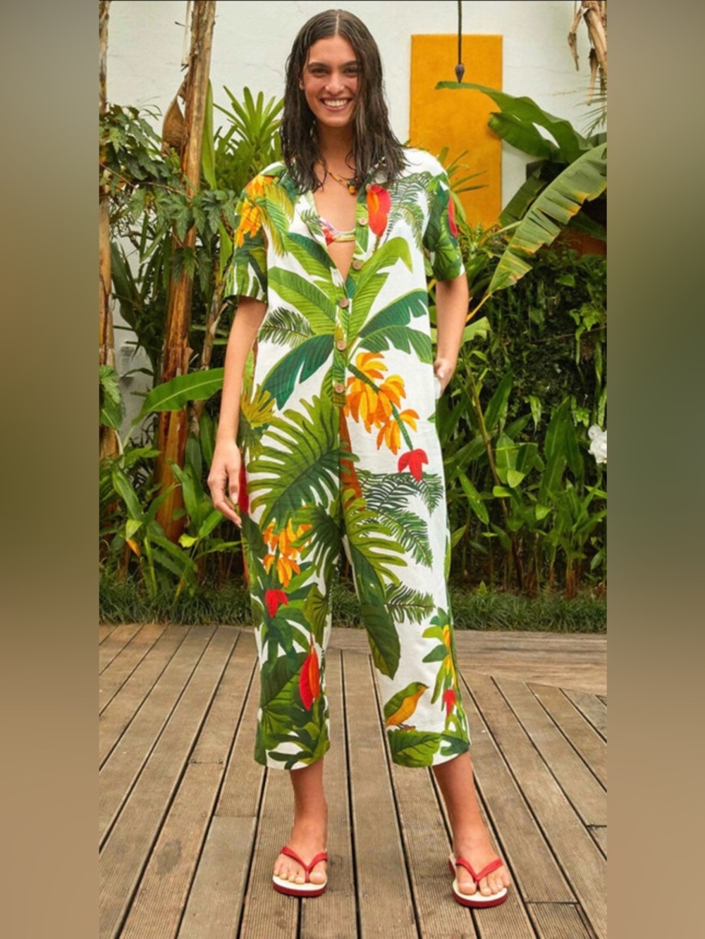 FARM RIO White Cocoa Forest Green Linen Blend Short Sleeve Jumpsuit - size M